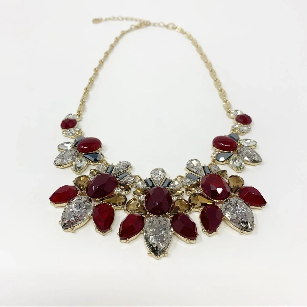Lydell NYC‎ Statement Bib Necklace Gold Red Crystal Rhinestone Art Deco Glam
